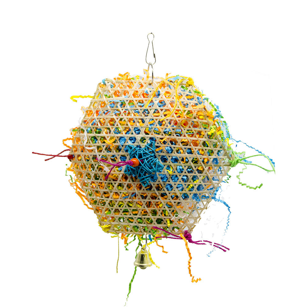 Bird brushed straw toy ball with colorful ribbons woven lattice design, hanging loop, bell on Tampa Home & Garden Store