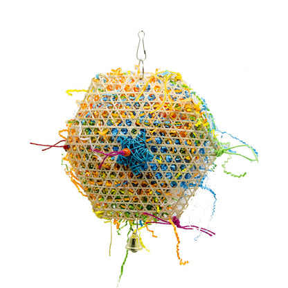 Bird brushed straw toy ball with colorful ribbons woven lattice design, hanging loop, bell on Tampa Home & Garden Store