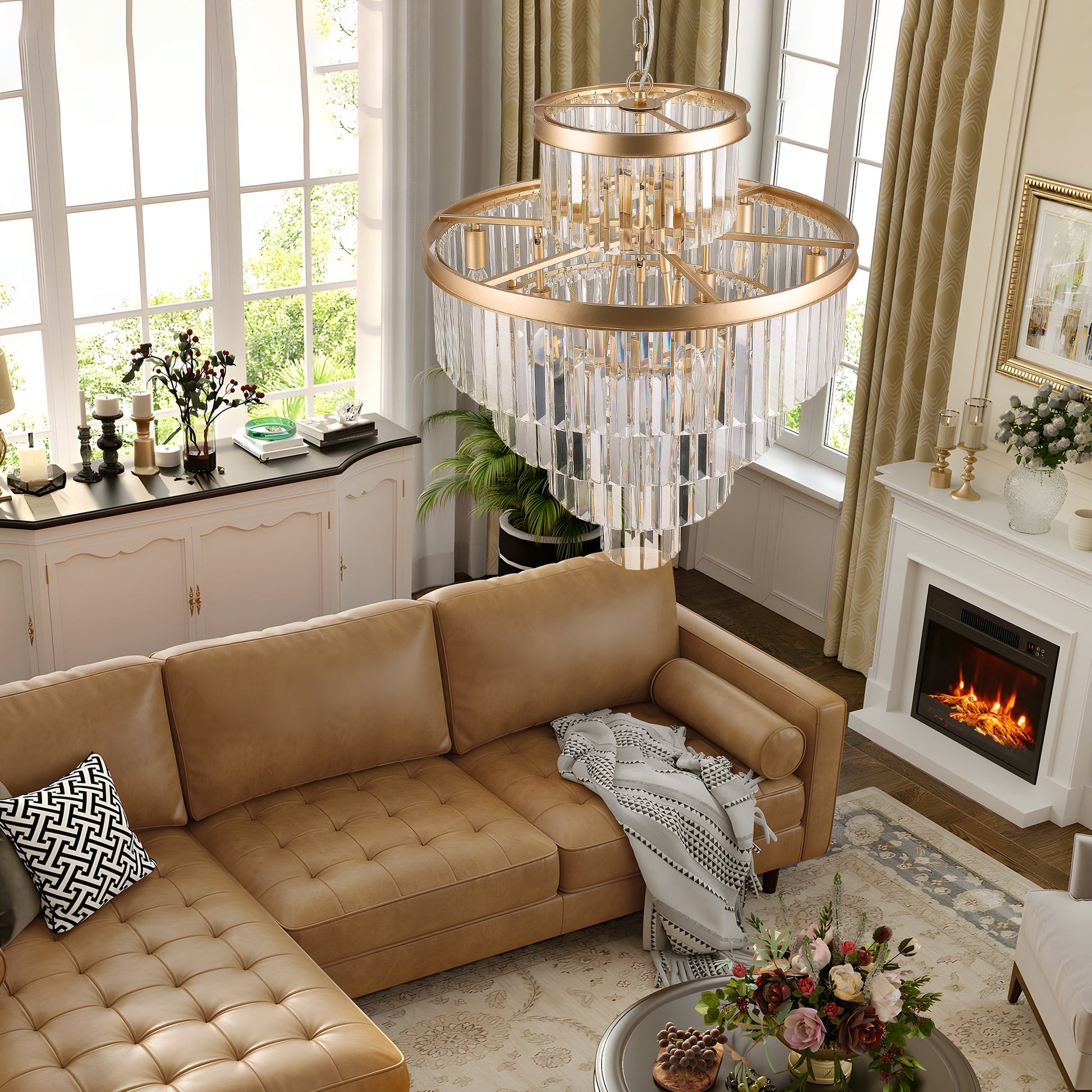 Golden Luxury Crystal Chandelier by HouseOfZazla, 23.6in, gold rings with crystal prisms on Tampa Home & Garden Store