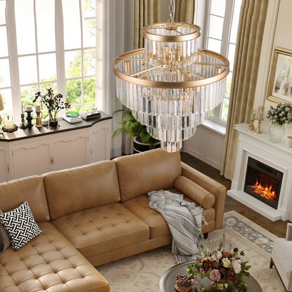Golden Luxury Crystal Chandelier by HouseOfZazla, 23.6in, gold rings with crystal prisms on Tampa Home & Garden Store
