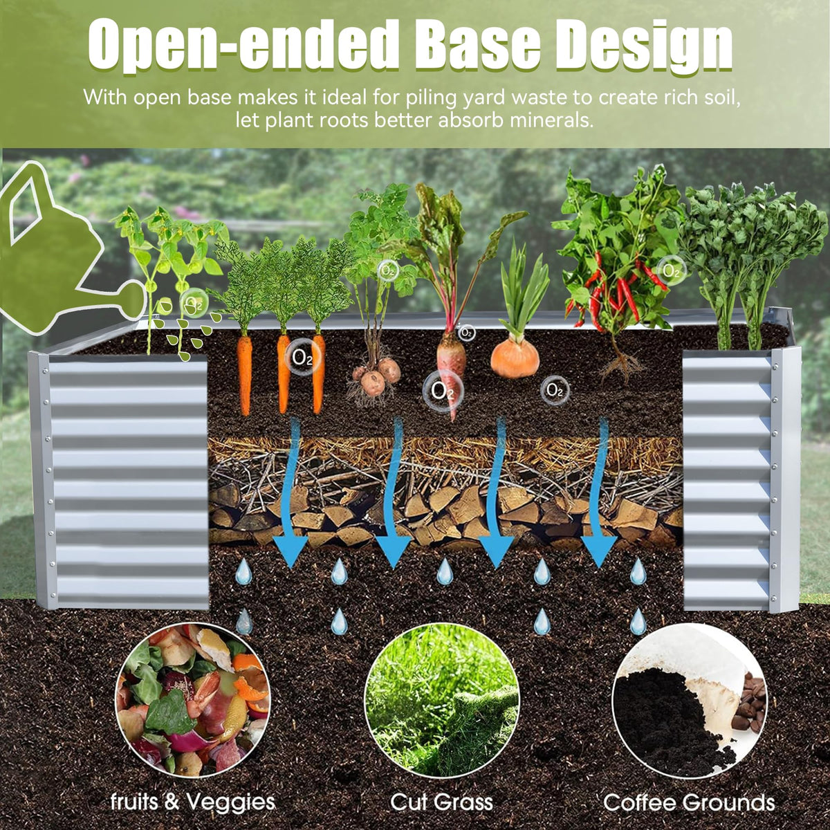 6x3x2ft galvanized raised garden bed cross-section with soil layers, roots, mulch, and drainage on Tampa Home & Garden Store