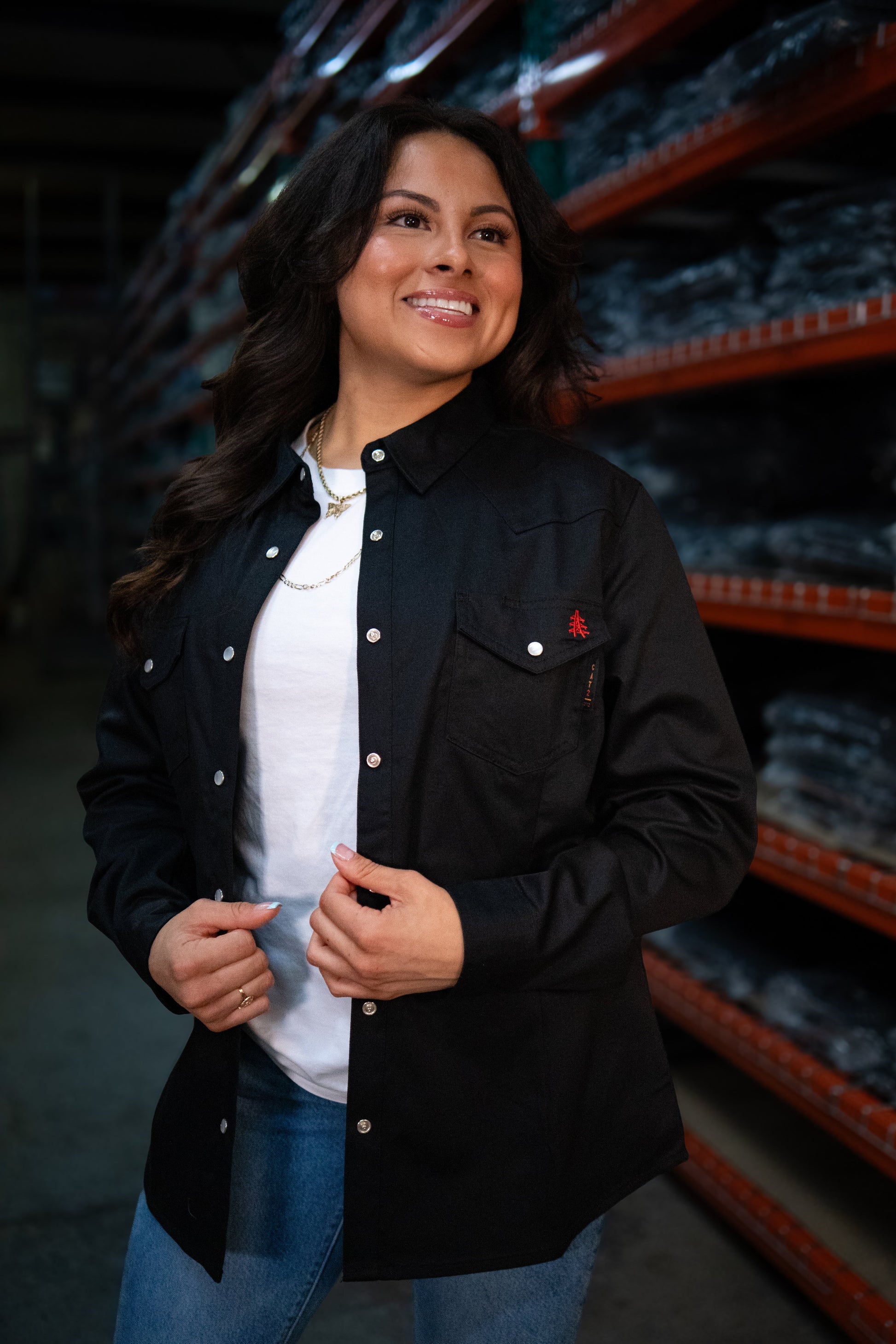 Women's FR Pearl Snap Western Black jacket by Static FR, flame-resistant workwear on Tampa Home & Garden Store
