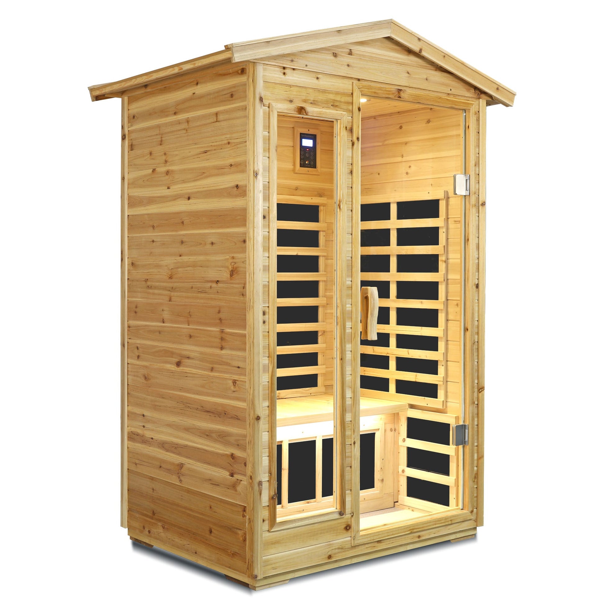 Two Person Far Infrared Old Fir Sauna Room by HouseOfZazla, wooden sauna with control panel on Tampa Home & Garden Store