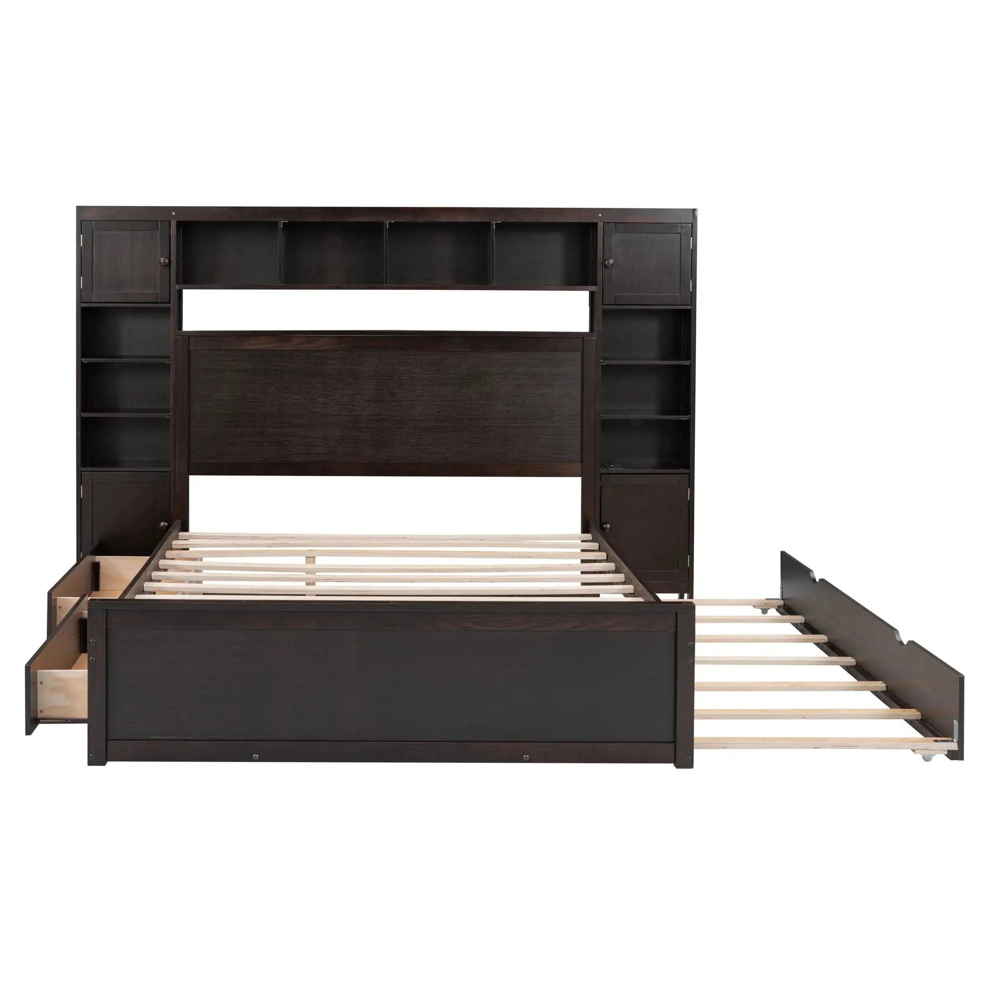 Bed with All In One Cabinet, Shelf and Sockets, Twin Long Trundle in dark wood with side cabinets on Tampa Home & Garden Store