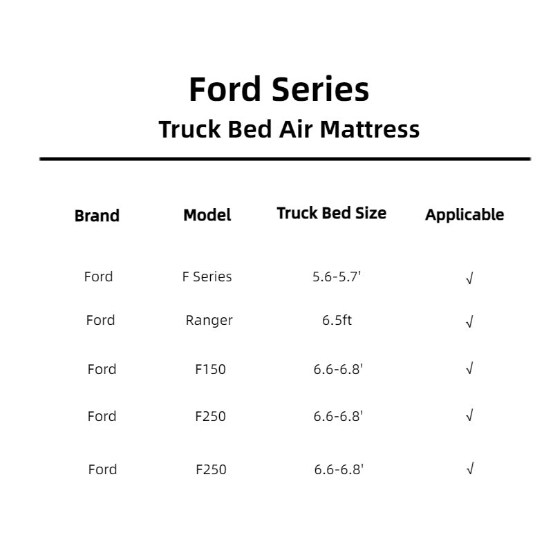 Truck bed air mattress spec chart: Dikasun Ford Series with F Series, Ranger, F150, F250 sizes on Tampa Home & Garden Store
