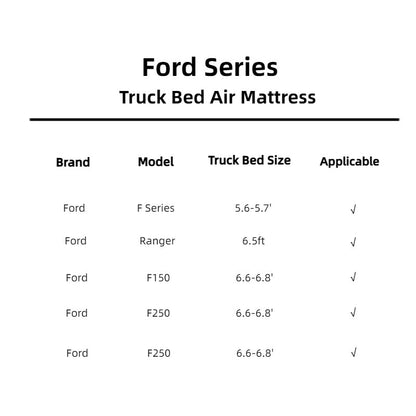 Truck bed air mattress spec chart: Dikasun Ford Series with F Series, Ranger, F150, F250 sizes on Tampa Home & Garden Store