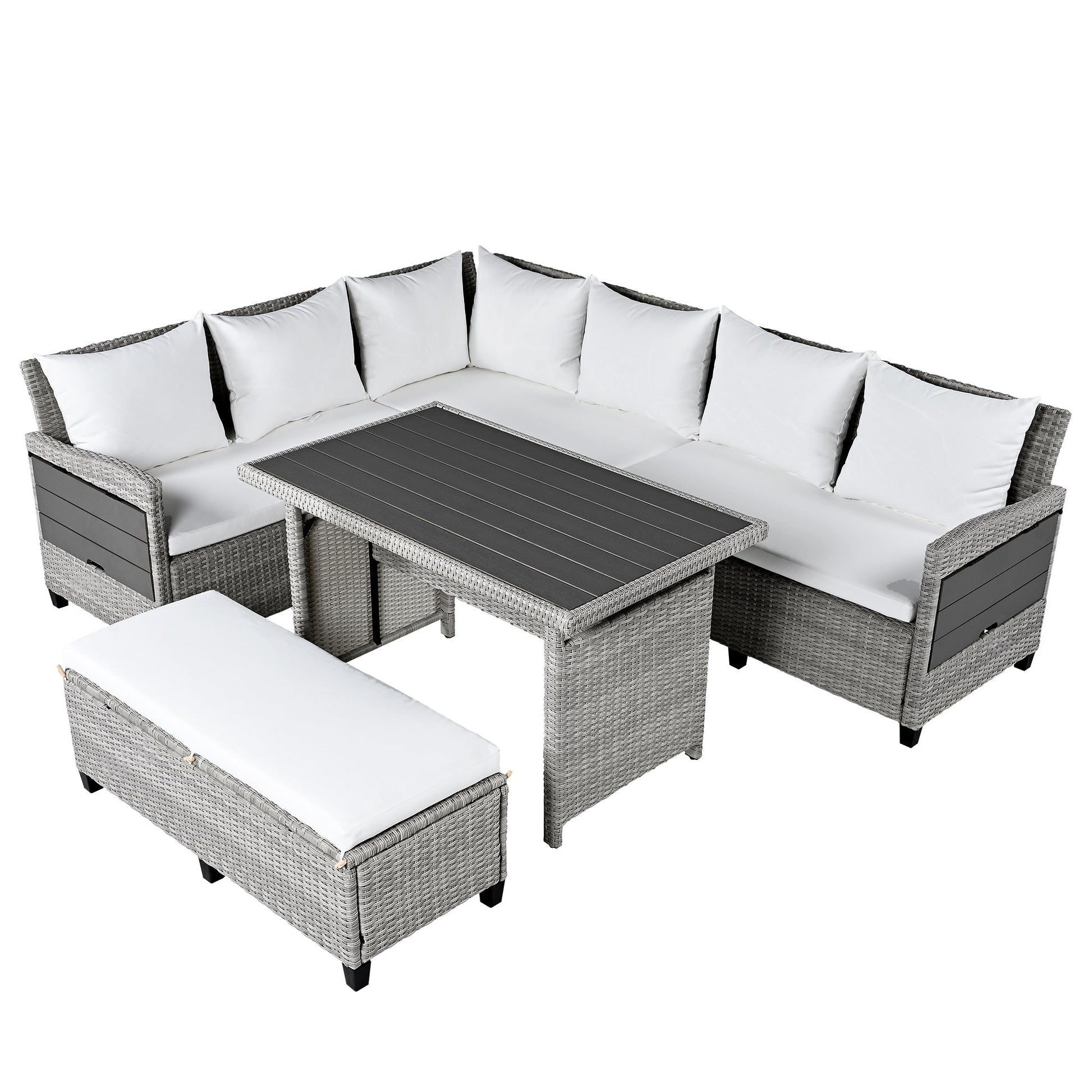 Tomax 5-Piece Outdoor Rattan Sofa Set, gray wicker with white cushions and dark table on Tampa Home & Garden Store