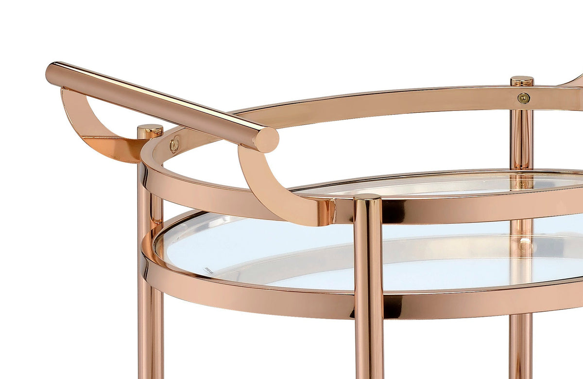 Lakelyn Clear Glass & Rose Gold Serving Cart with rose-gold frame and clear glass shelves on Tampa Home & Garden Store