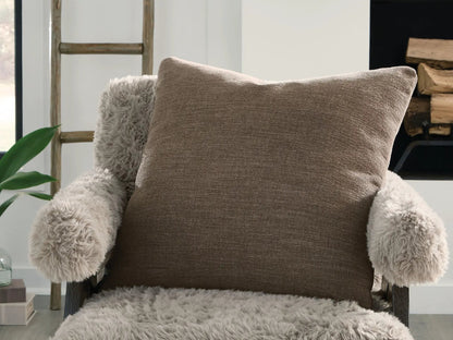 Brockbert pillow taupe woven fabric by Unique Piece Furniture shown with a fluffy beige throw on Tampa Home & Garden Store