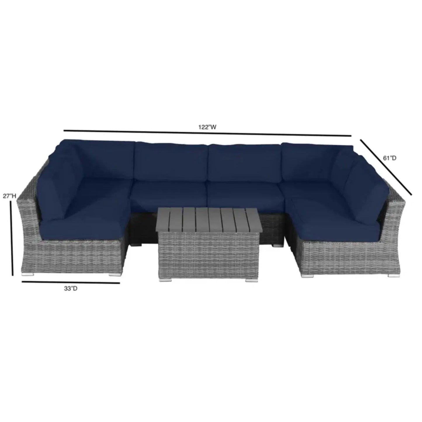 Wicker sectional sofa with navy cushions and table, gray wicker Unique Piece Furniture 2pc set on Tampa Home & Garden Store
