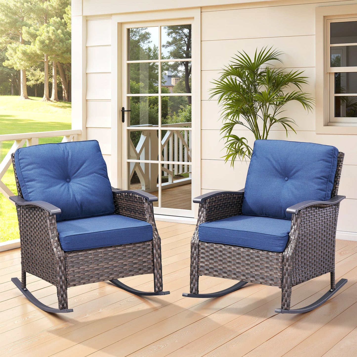 Outdoor gliding wicker chairs set of 2 with blue cushions, rattan patio seating on Tampa Home & Garden Store
