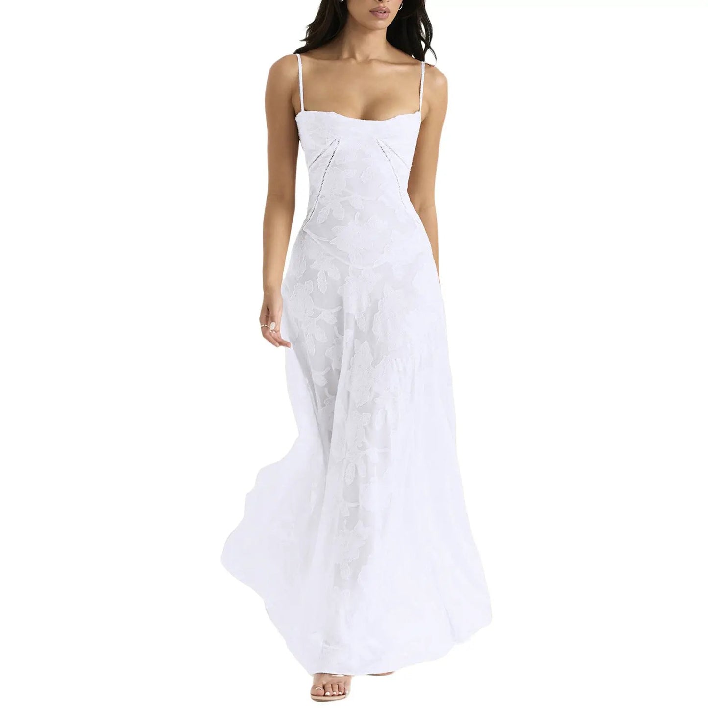 White lace long dress with spaghetti straps, floral lace pattern, elegant evening gown on Tampa Home & Garden Store