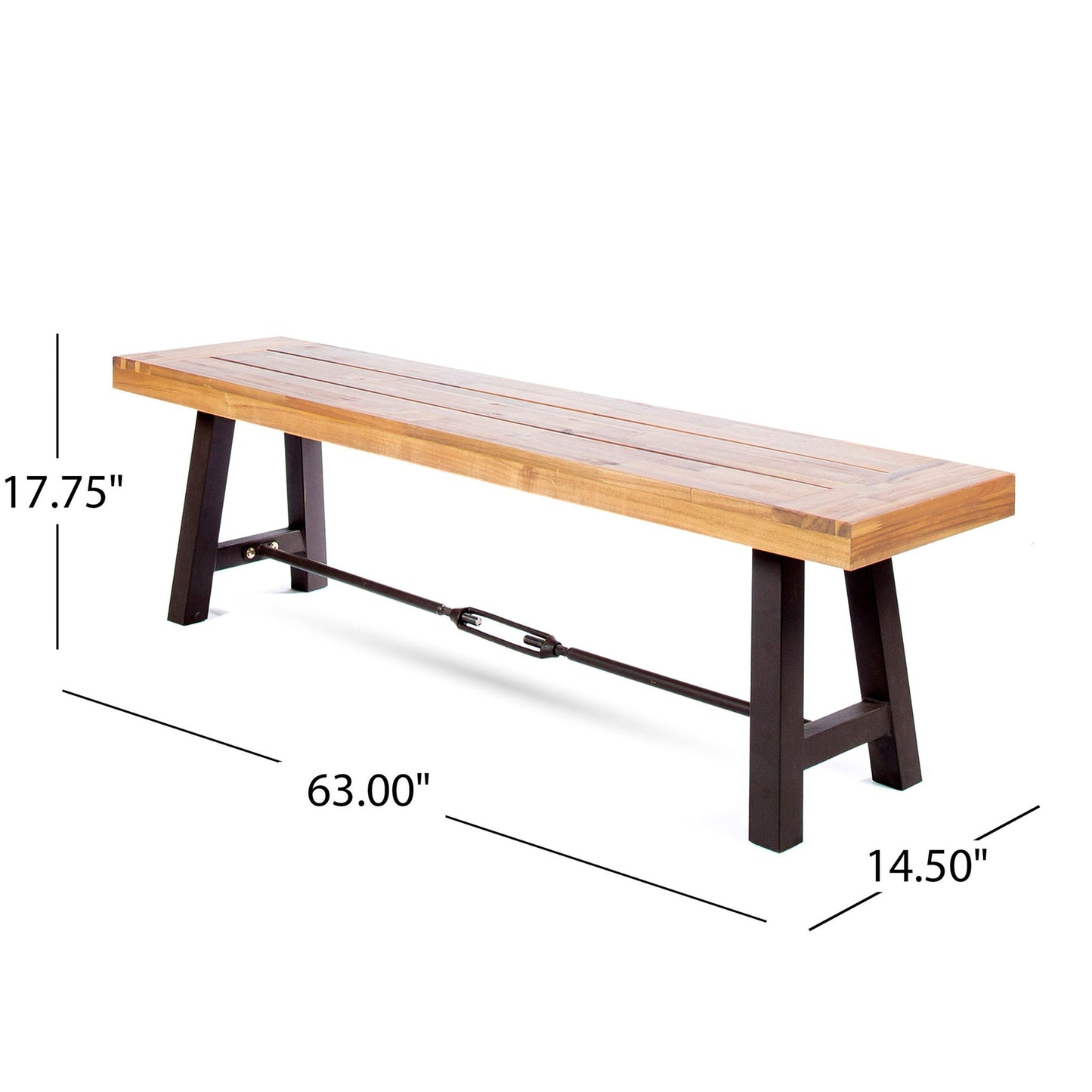 Outdoor dining bench teak wood top, black metal legs, backless by HouseOfZazla, 63in long on Tampa Home & Garden Store