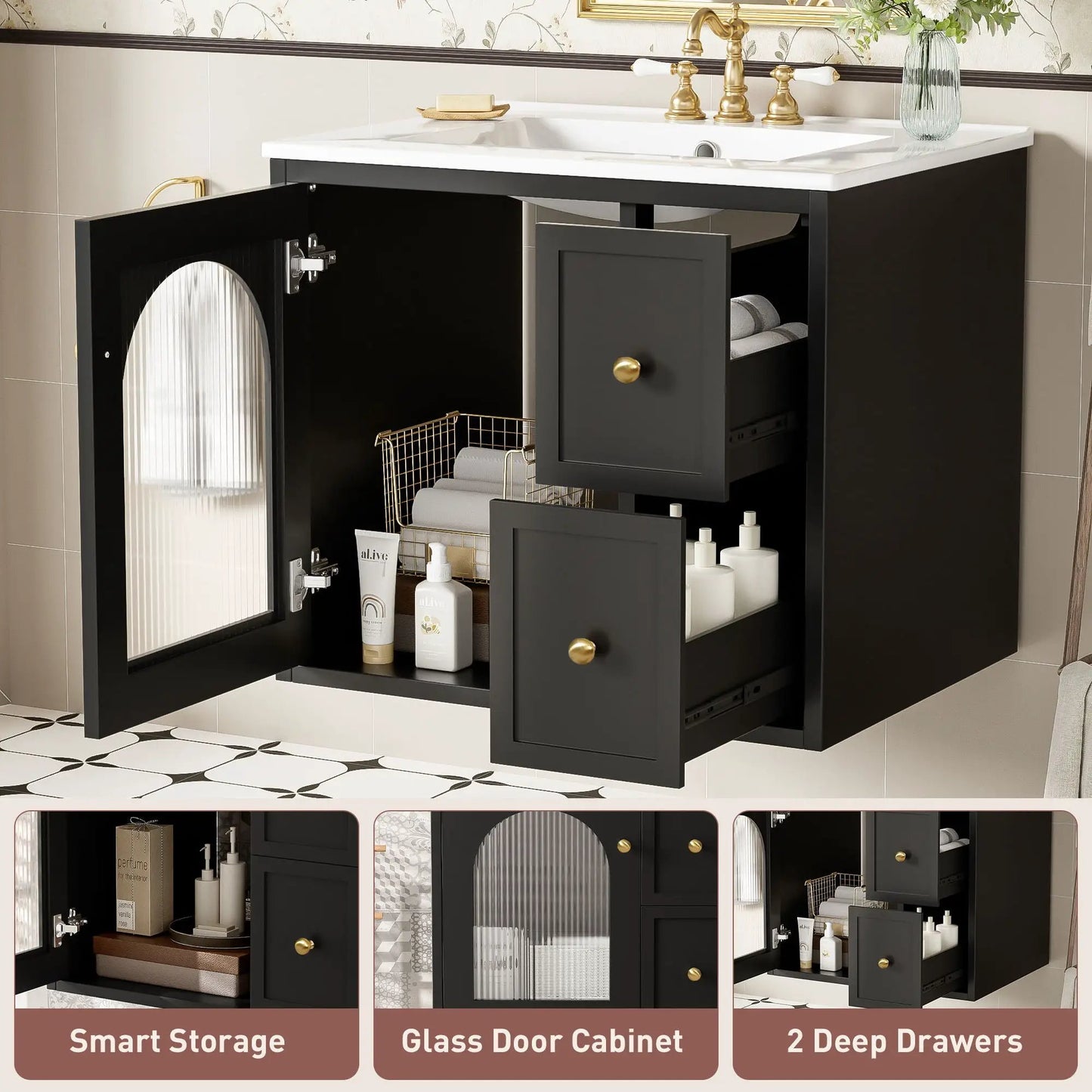 Wall-mounted vanity set with sink, black cabinet, white basin, brass hardware and 2 drawers on Tampa Home & Garden Store