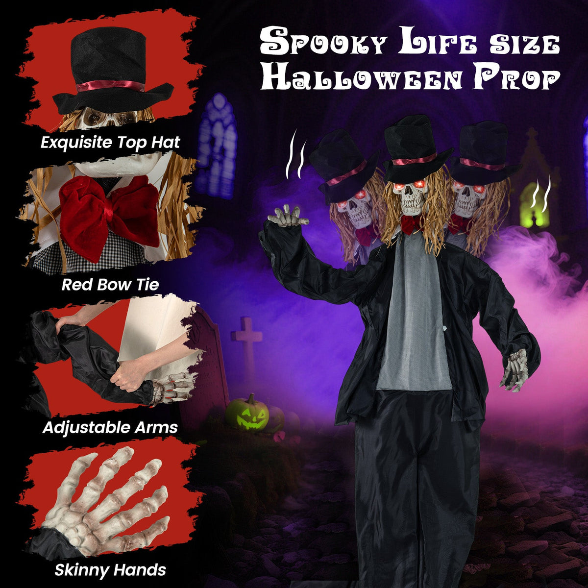 Halloween Animatronic Standing Groom 7.2 ft prop with black top hat and red bow tie DirectDeals on Tampa Home & Garden Store