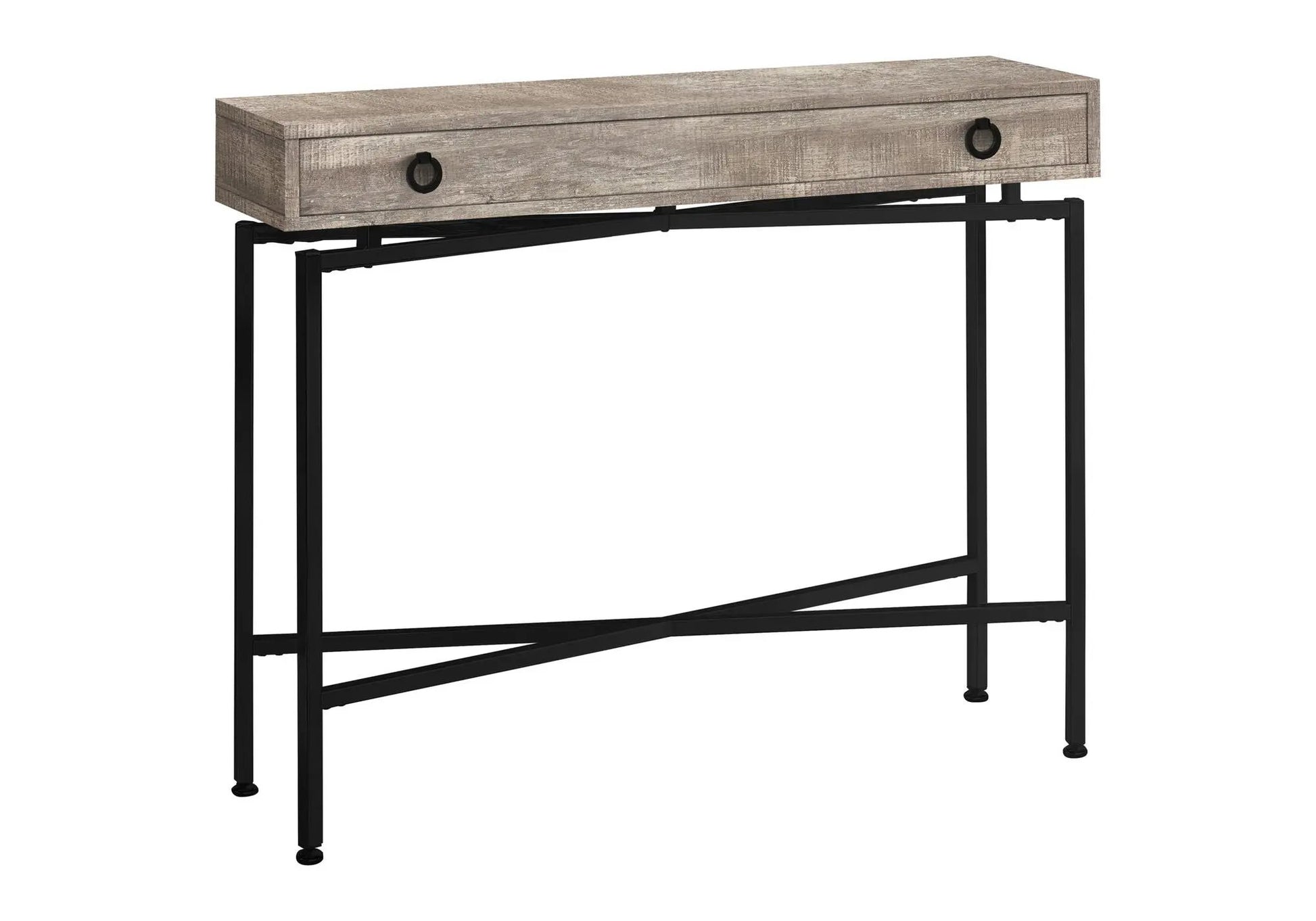 Accent console table with wood top and black metal frame; drawer with ring pulls on Tampa Home & Garden Store
