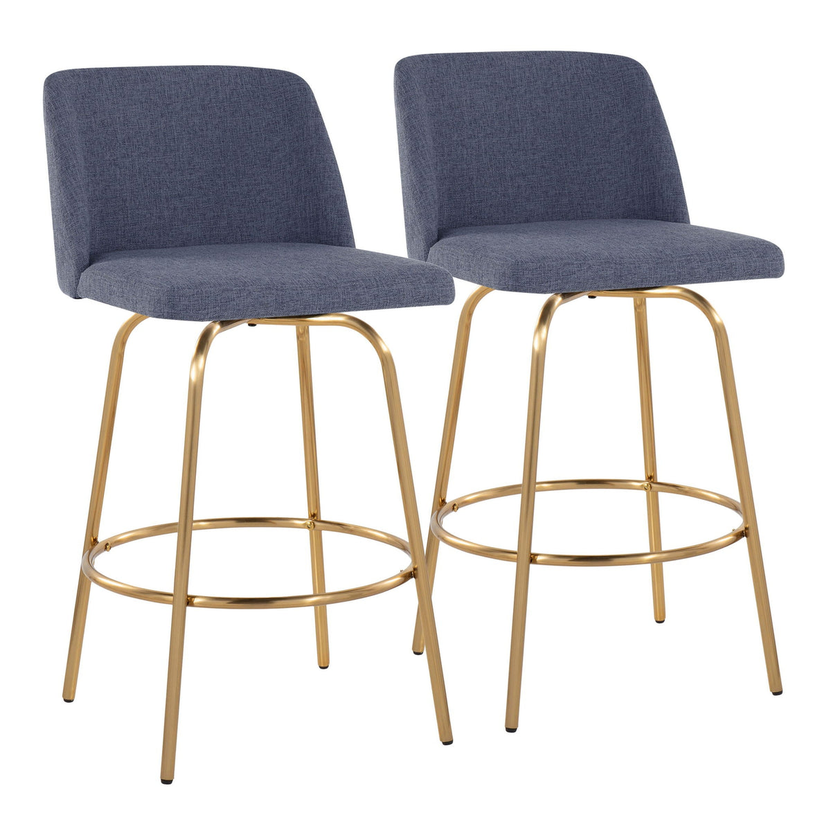 Toriano contemporary fixed-height swivel counter stools set of 2 in navy fabric with gold legs on Tampa Home & Garden Store