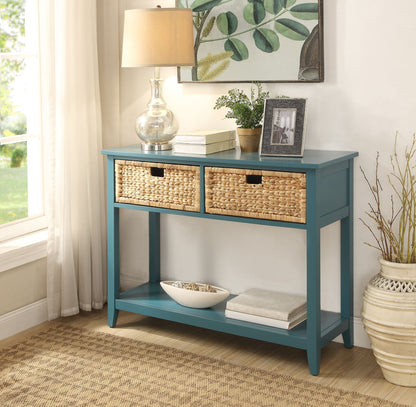 Flavius console table teal by HouseOfZazla with two woven baskets and decorative lamp on Tampa Home & Garden Store