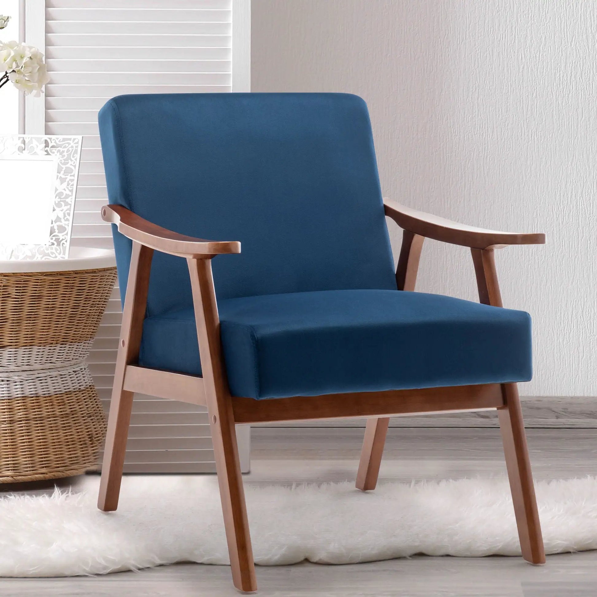 Mid Century Modern Accent Chair with solid wood frame and extra thick blue backrest on Tampa Home & Garden Store