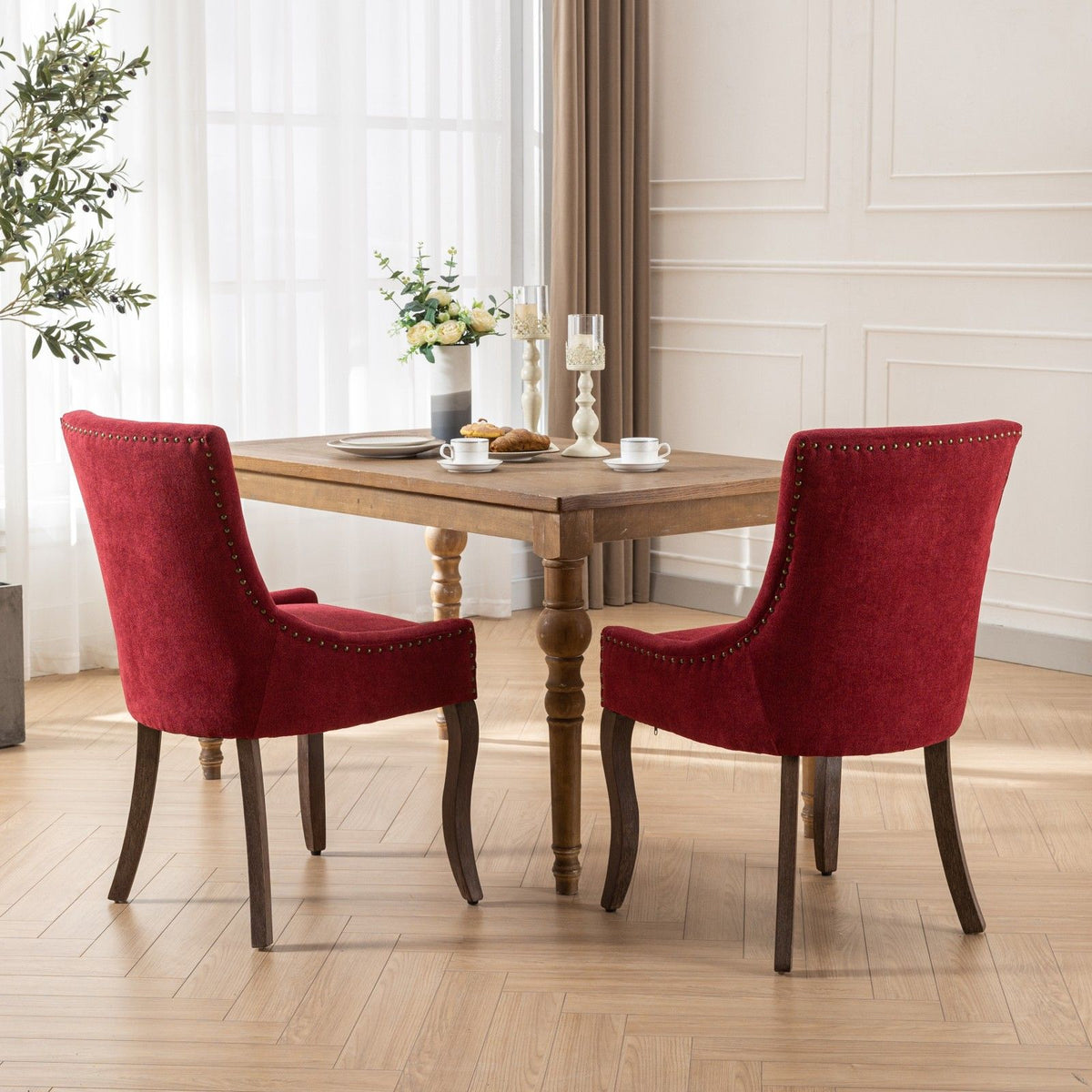 Ultra Side Dining Chair Set with red upholstered seats, nailhead trim, and solid wood legs on Tampa Home & Garden Store