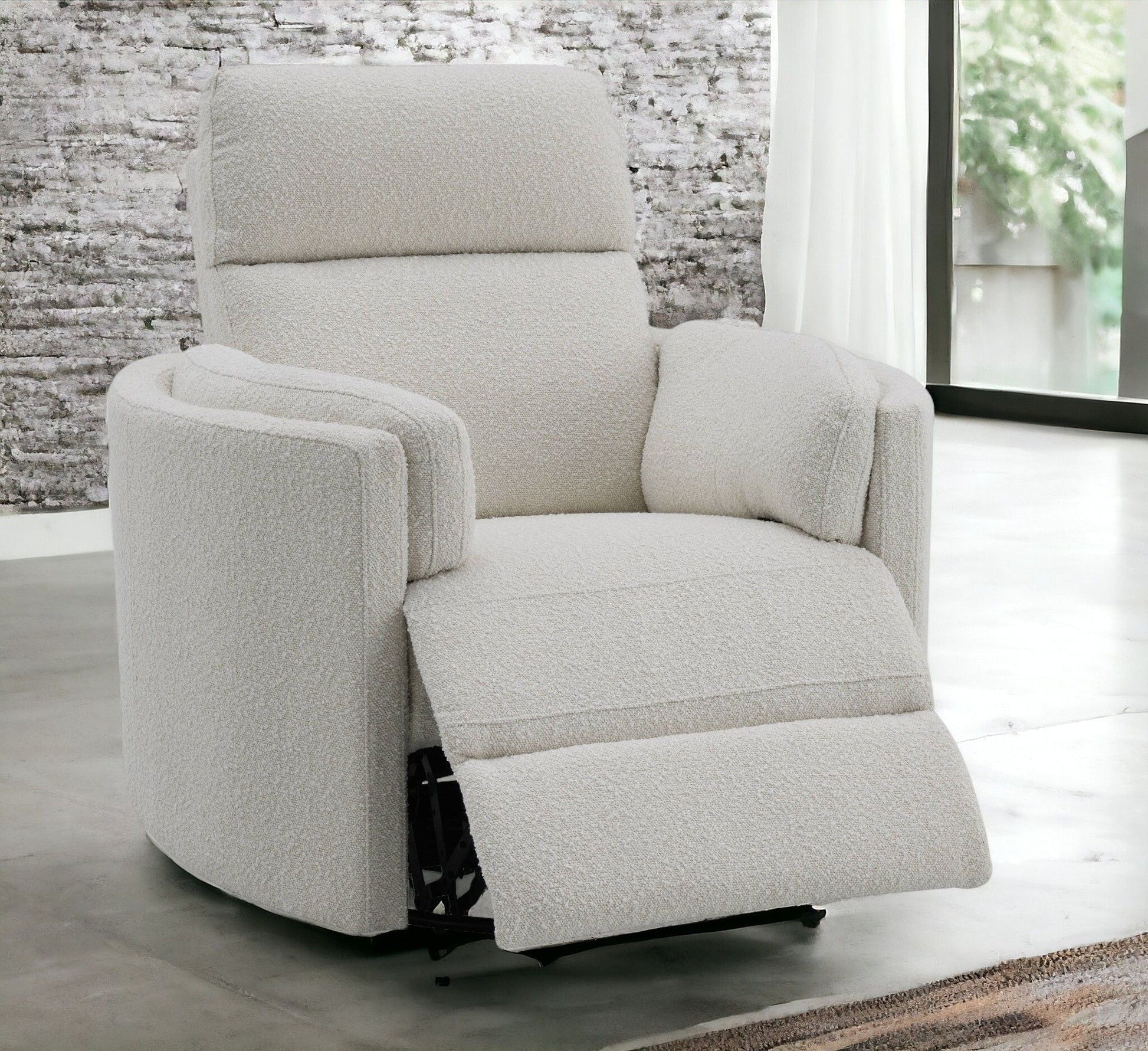 Sagen Glider Recliner With Swivel chair in beige boucle fabric, plush back by HouseOfZazla on Tampa Home & Garden Store