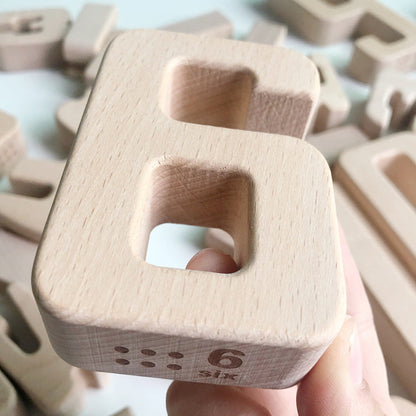 Wooden number 6 block with two square holes, natural beech finish, Montessori toy on Tampa Home & Garden Store