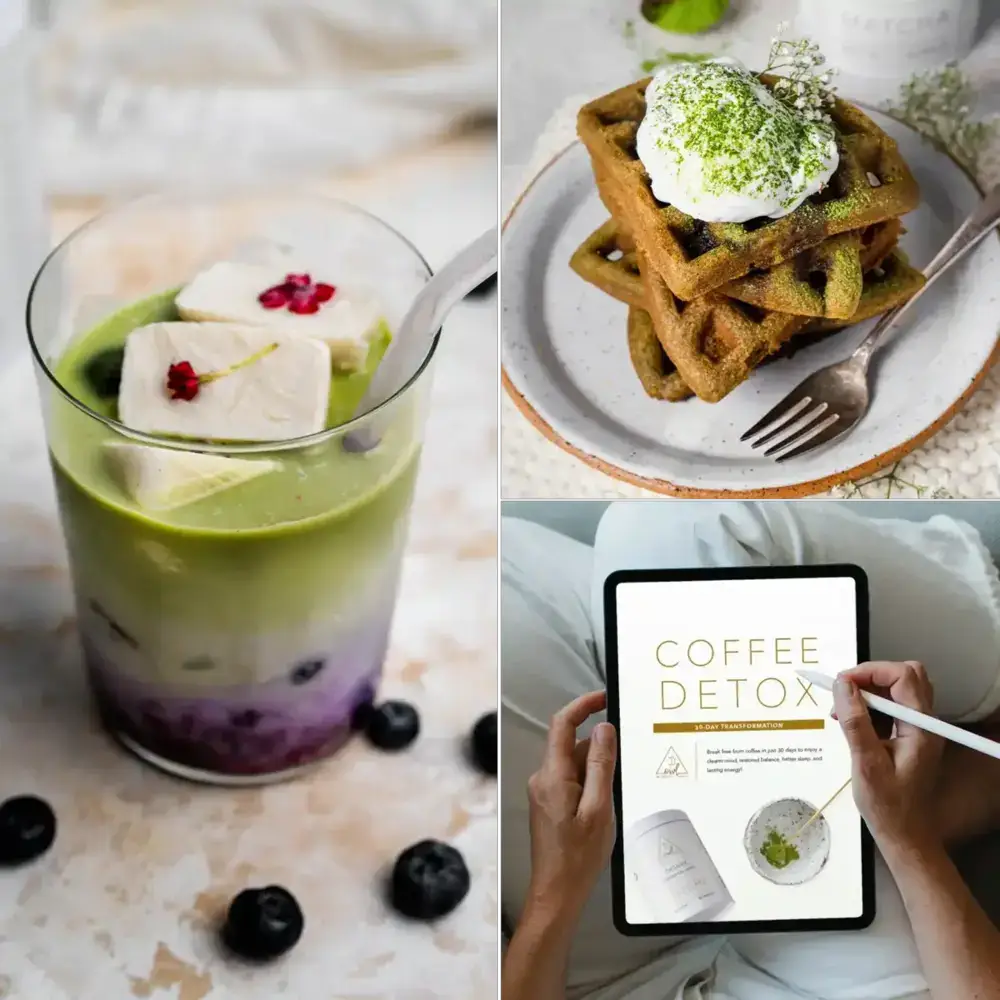 30-Day Coffee Detox cleanse OWL Venice with green smoothie and waffles on a tablet guide on Tampa Home & Garden Store