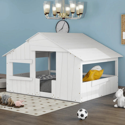 White wood full-size house bed with roof and guardrails, cabin style kids bed on Tampa Home & Garden Store