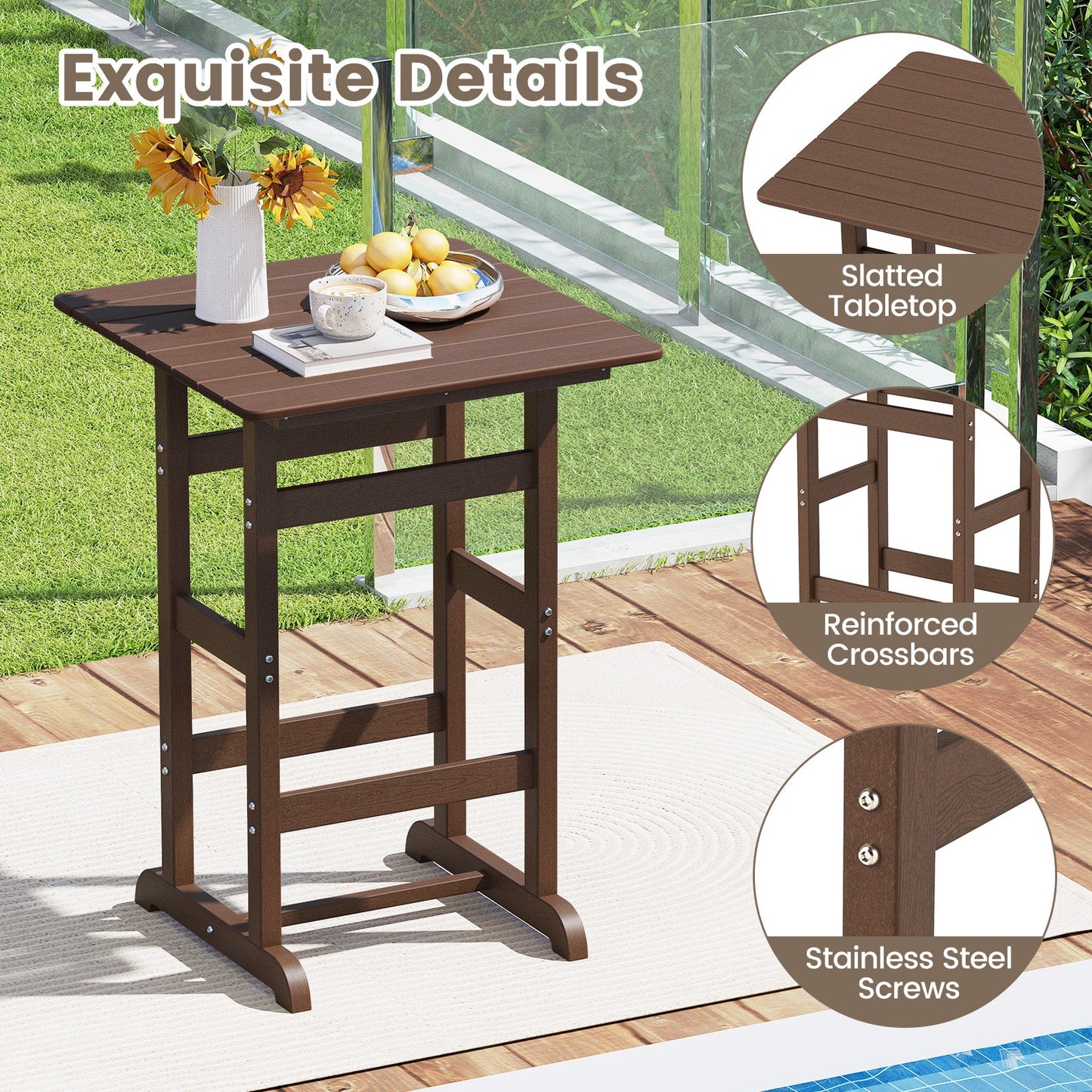 Mesa de bar cuadrada de 30 pulgadas, mesa de comedor con tablero de listones para junto a la piscina - Marrón