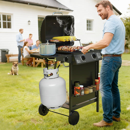 DirectDeals 30,000 BTU outdoor propane grill on wheels in black with propane tank on Tampa Home & Garden Store