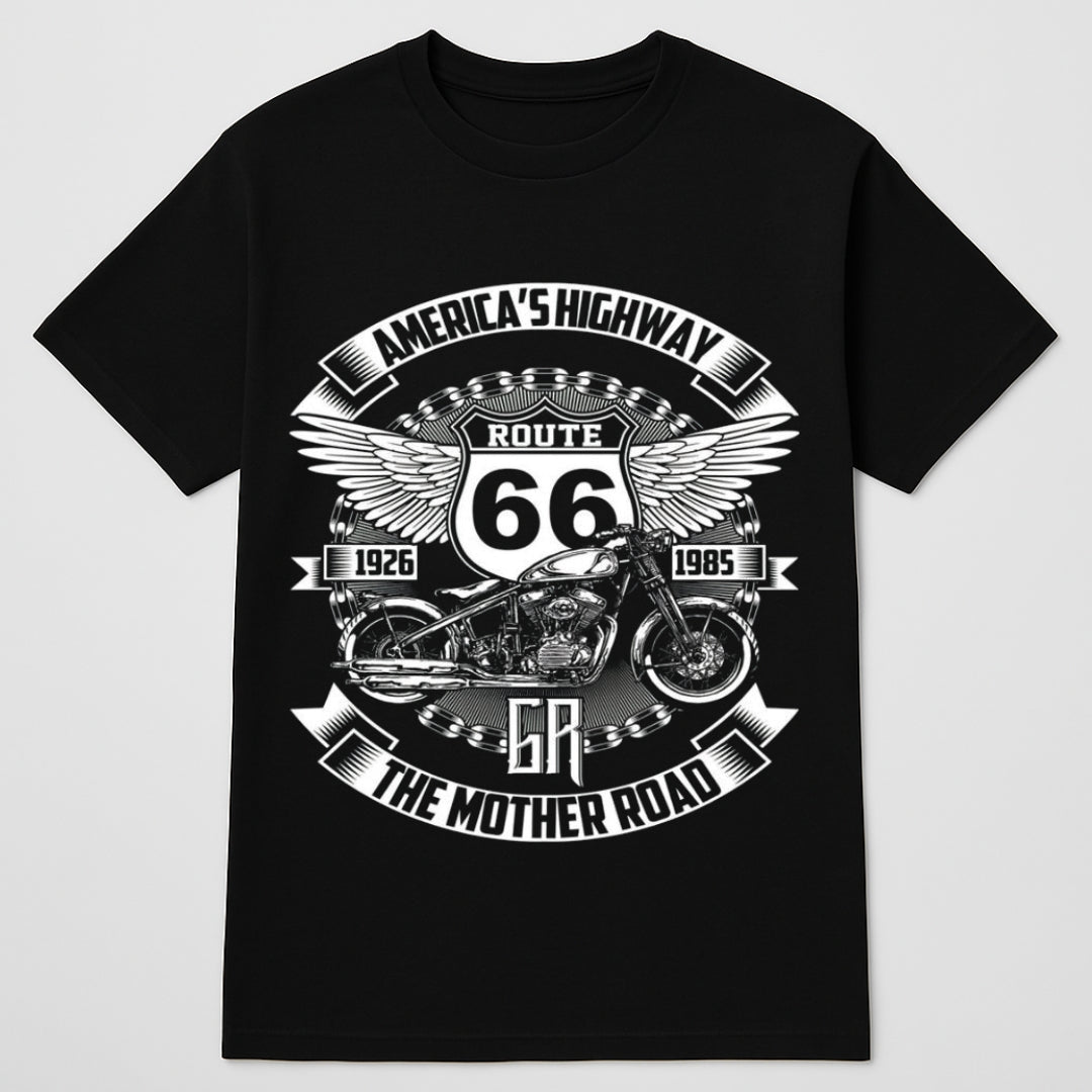 Biker Designed T-shirt by BikerZoneZ in black with Route 66 winged motorcycle graphic on Tampa Home & Garden Store