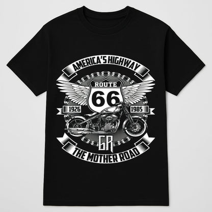 Biker Designed T-shirt by BikerZoneZ in black with Route 66 winged motorcycle graphic on Tampa Home & Garden Store
