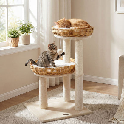 DirectDeals 30-Inch Cat Tower with 2 Rattan Baskets, cream posts, cats lounging and playing on Tampa Home & Garden Store