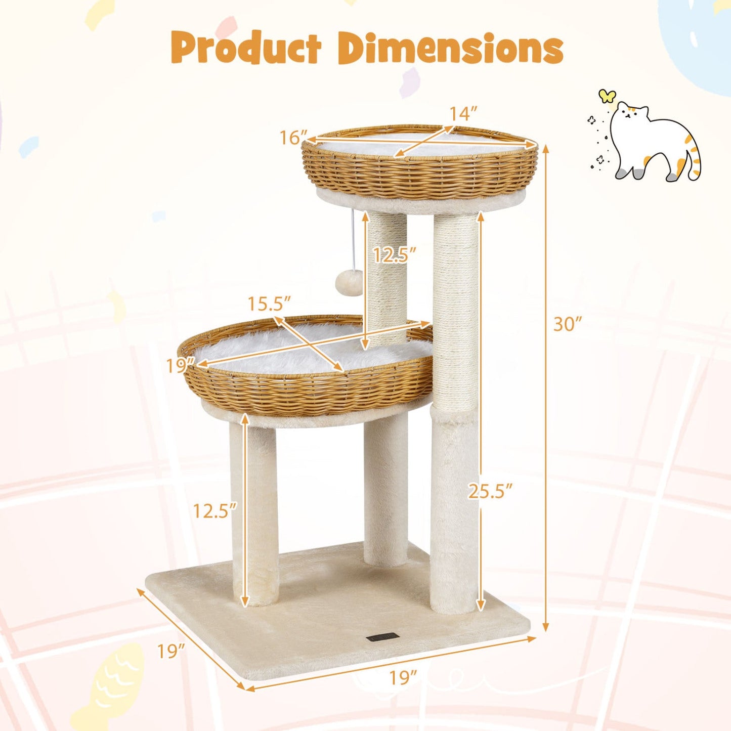 30-Inch Cat Tower with 2 Rattan Baskets for Indoor Kittens by DirectDeals, sisal posts on Tampa Home & Garden Store