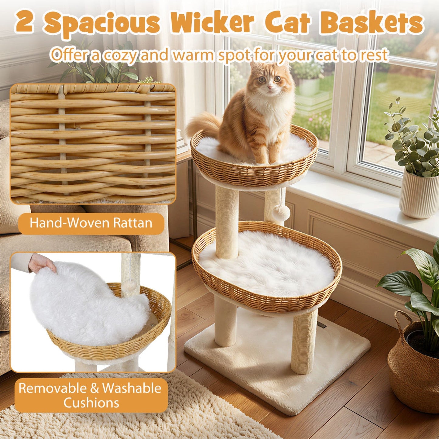 30-Inch cat tower with 2 hand-woven rattan baskets for indoor cats DirectDeals on Tampa Home & Garden Store