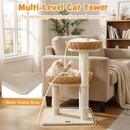 30-Inch Cat Tower with 2 rattan baskets cat tree with wide base and hanging toy DirectDeals on Tampa Home & Garden Store