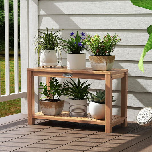 30 Inch teak wood shower bench with storage shelf on a wooden patio, with multiple potted plants on Tampa Home & Garden Store