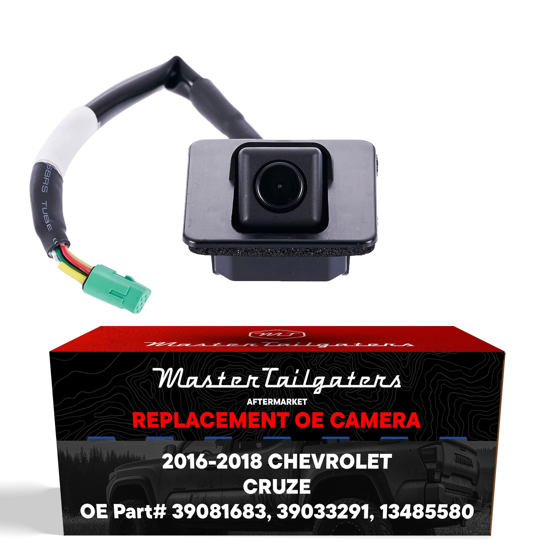 Chevrolet Cruze rear OEM backup camera by Master Tailgaters, black housing and green connector on Tampa Home & Garden Store