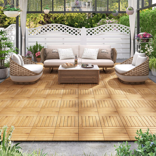 30 PCS Interlocking Deck Tiles 12 x 12 Inch Acacia Wood Patio Tiles with Straight Slats-Natural - Tampa Home & Garden Store
