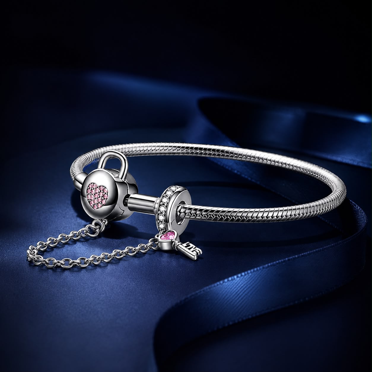 Sterling silver bracelet 17cm with pink crystal heart padlock charm and key pendant by Bids.com on Tampa Home & Garden Store