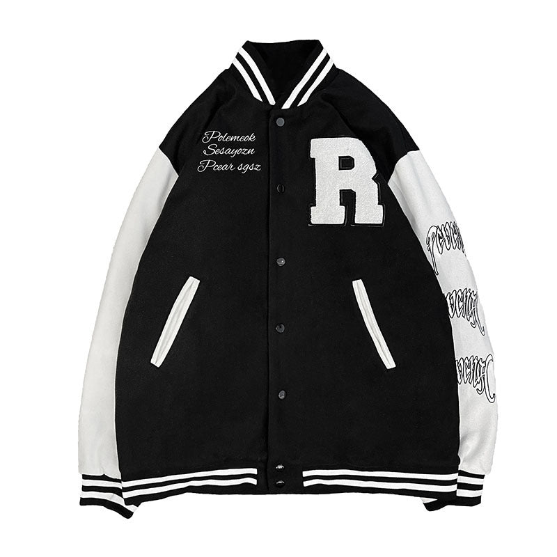 Stevvex varsity bomber jacket, black body with white sleeves, R patch on chest, striped cuffs on Tampa Home & Garden Store