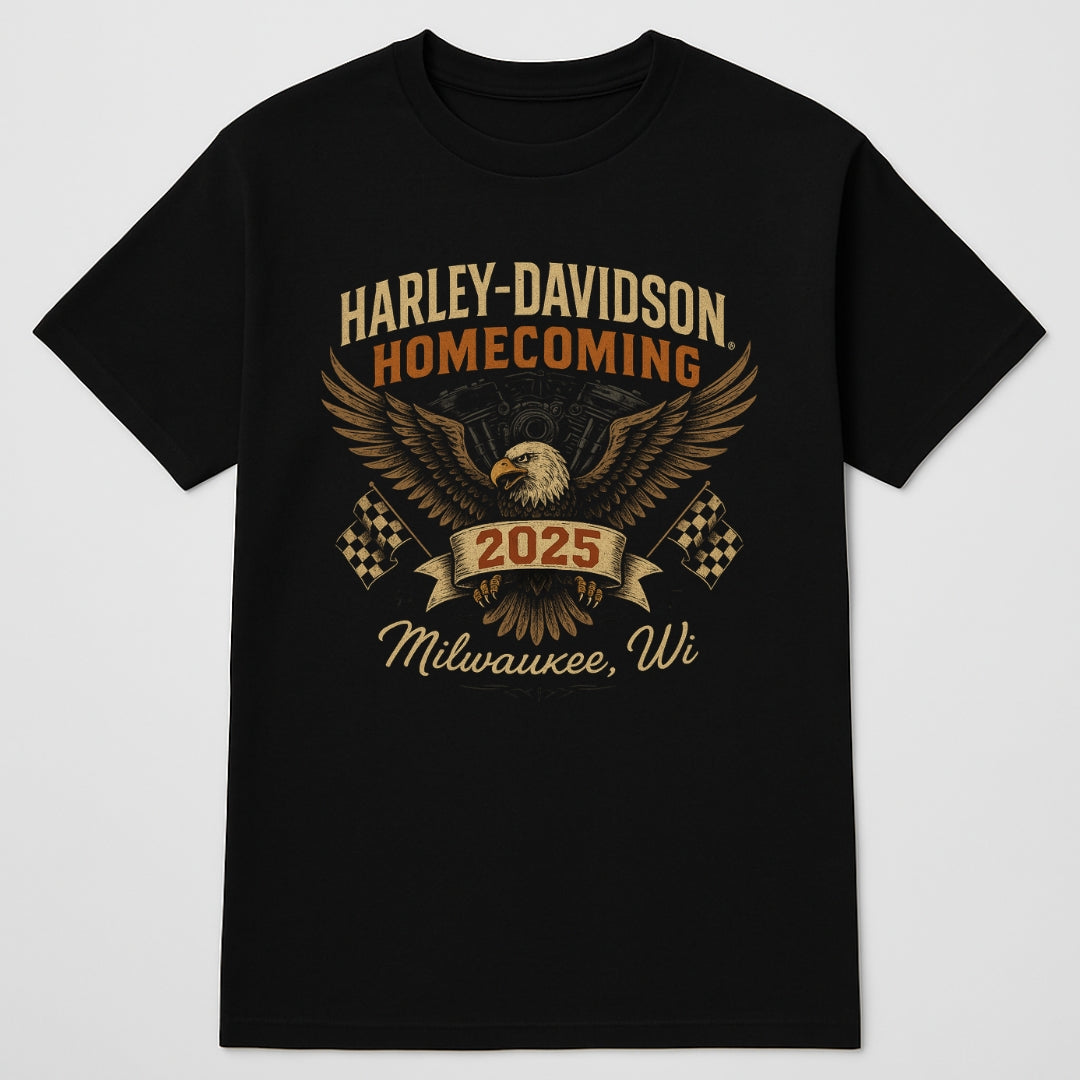 Harley-Davidson Homecoming T-shirt by BikerZoneZ, black with eagle wings, Milwaukee 2025 on Tampa Home & Garden Store