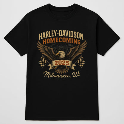Harley-Davidson Homecoming T-shirt by BikerZoneZ, black with eagle wings, Milwaukee 2025 on Tampa Home & Garden Store