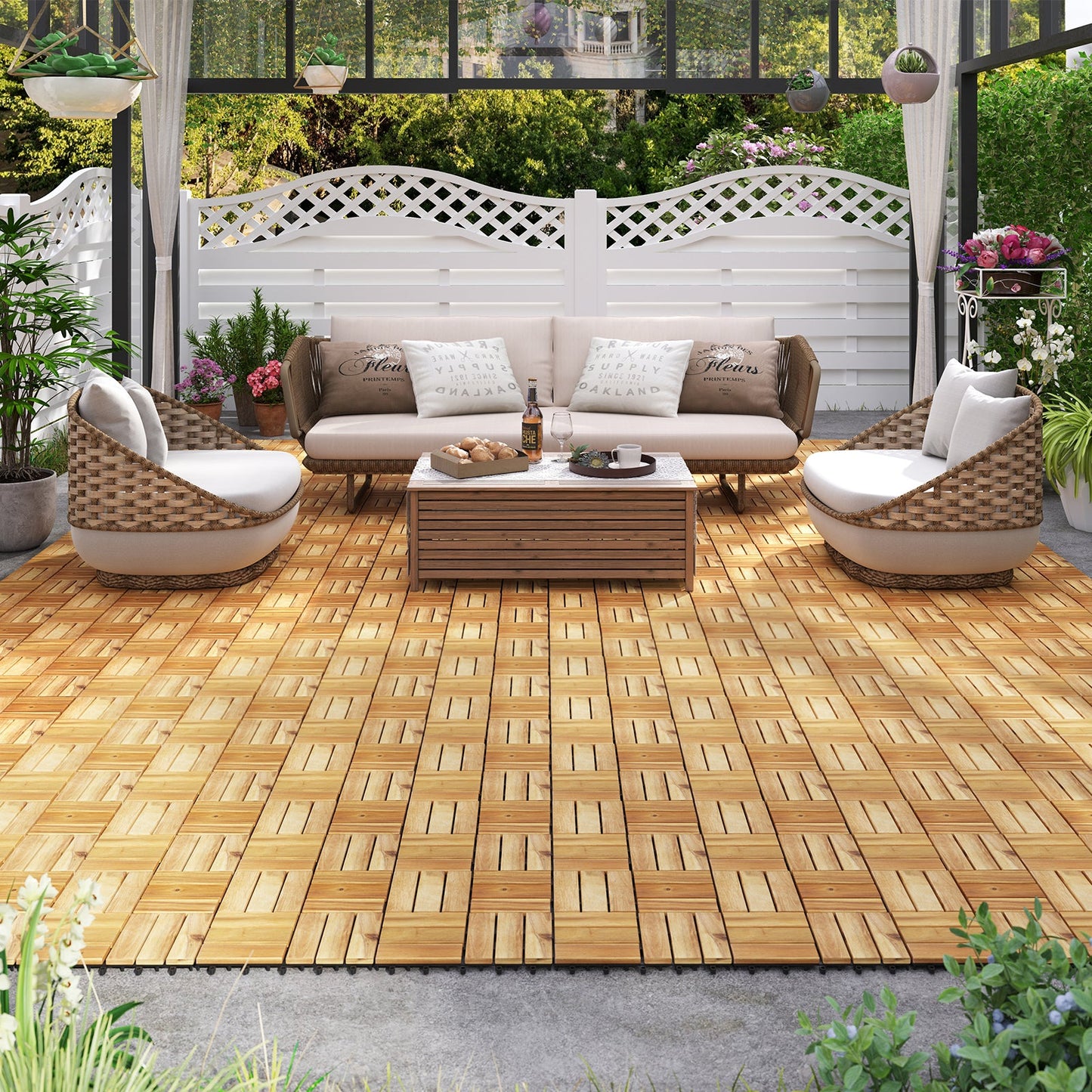 Paquete de 30 baldosas de madera de acacia entrelazadas para terraza - Marrón
