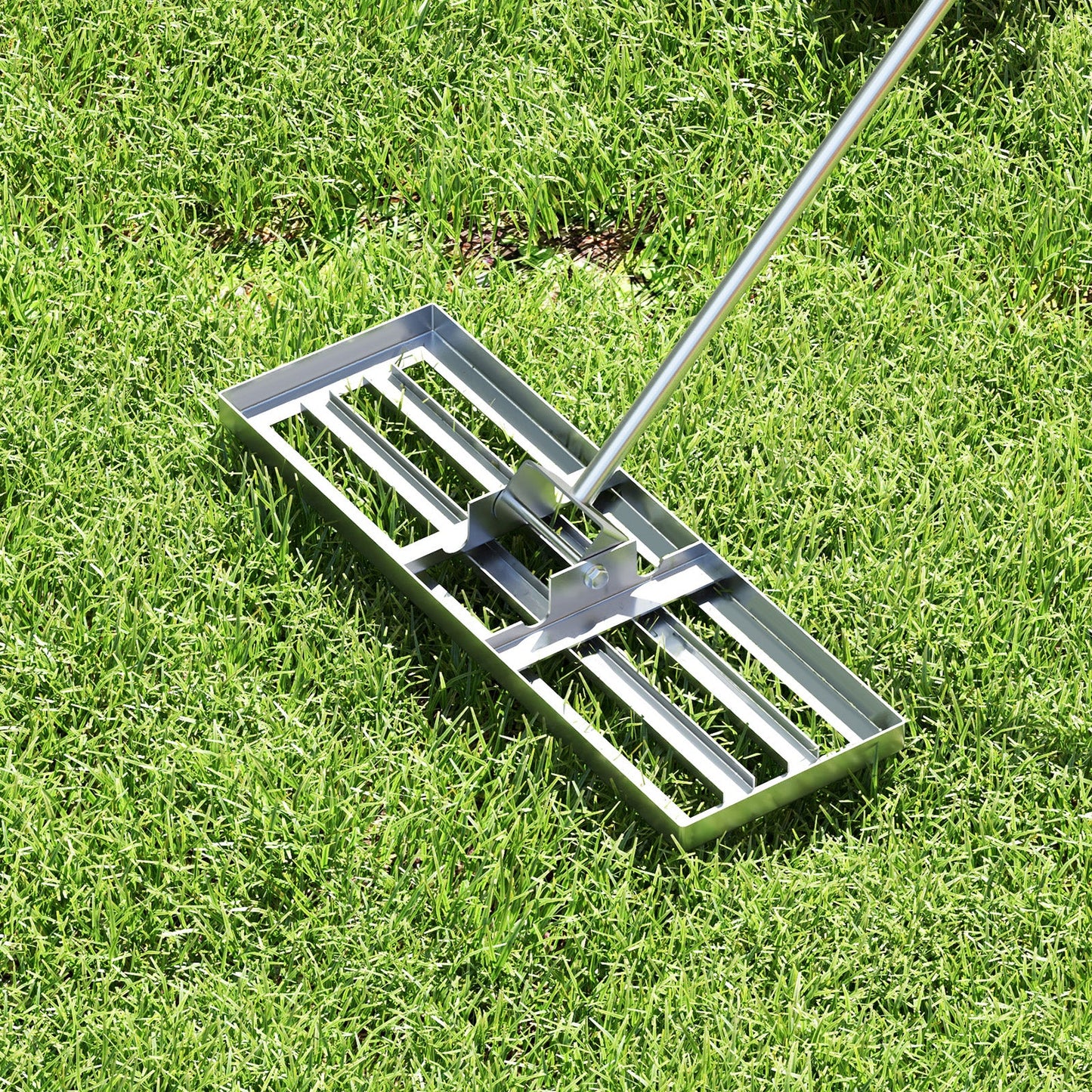 Rastrillo nivelador de césped de 30 x 10 pulgadas con mango ergonómico - Plateado