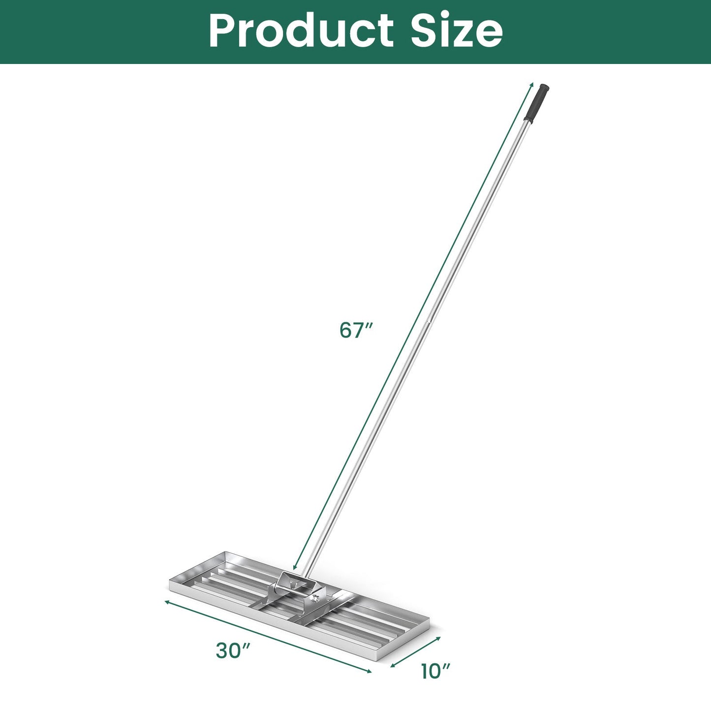 Rastrillo nivelador de césped de 30 x 10 pulgadas con mango ergonómico - Plateado