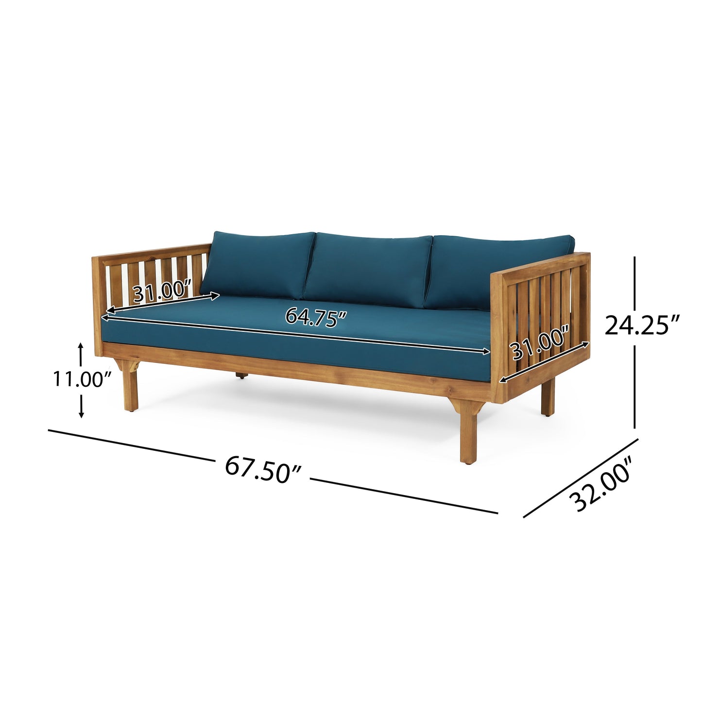 Claremont 3-seater outdoor daybed with teal blue cushions and acacia wood frame by HouseOfZazla on Tampa Home & Garden Store