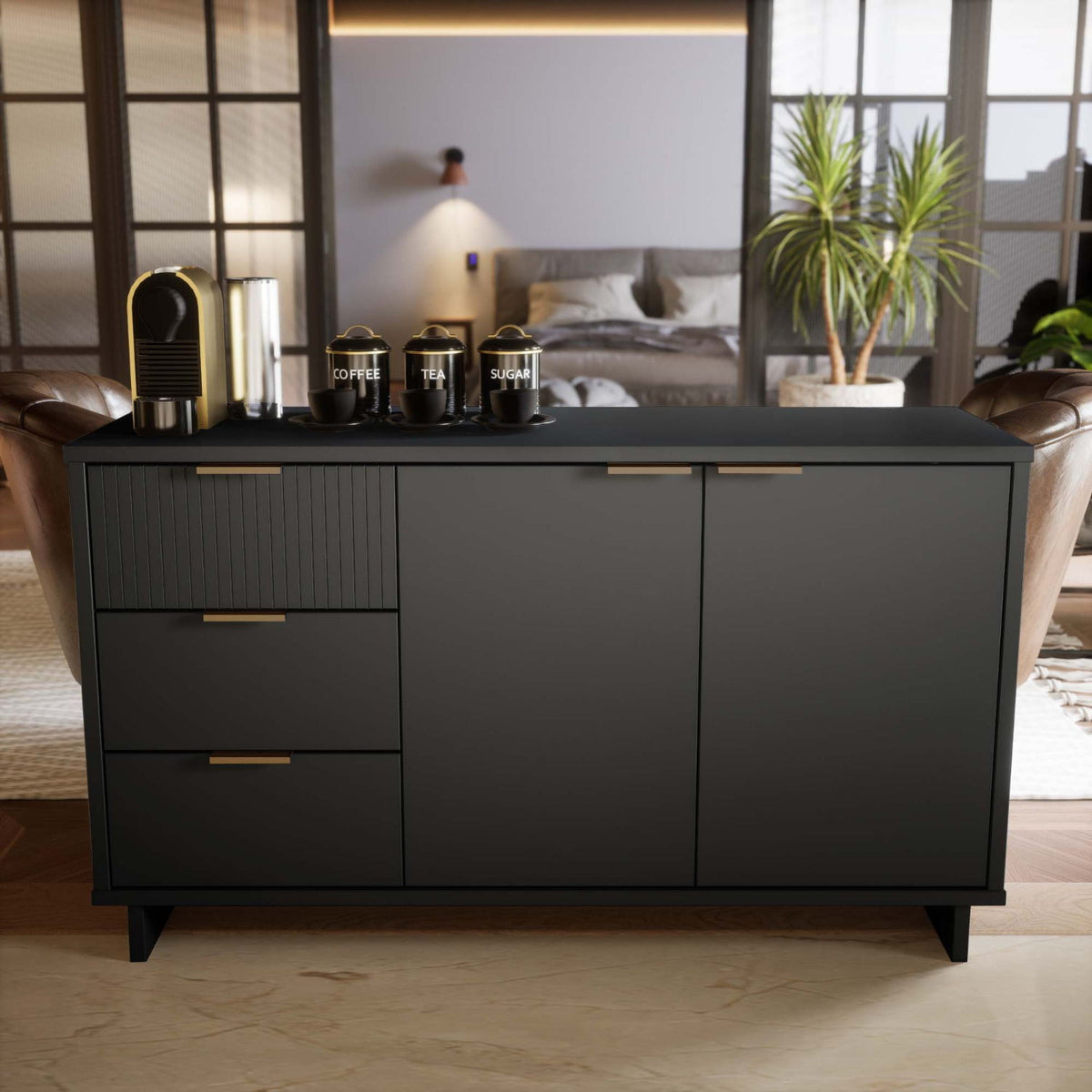 Granville sideboard with full extension drawers in dark gray with brass handles on Tampa Home & Garden Store