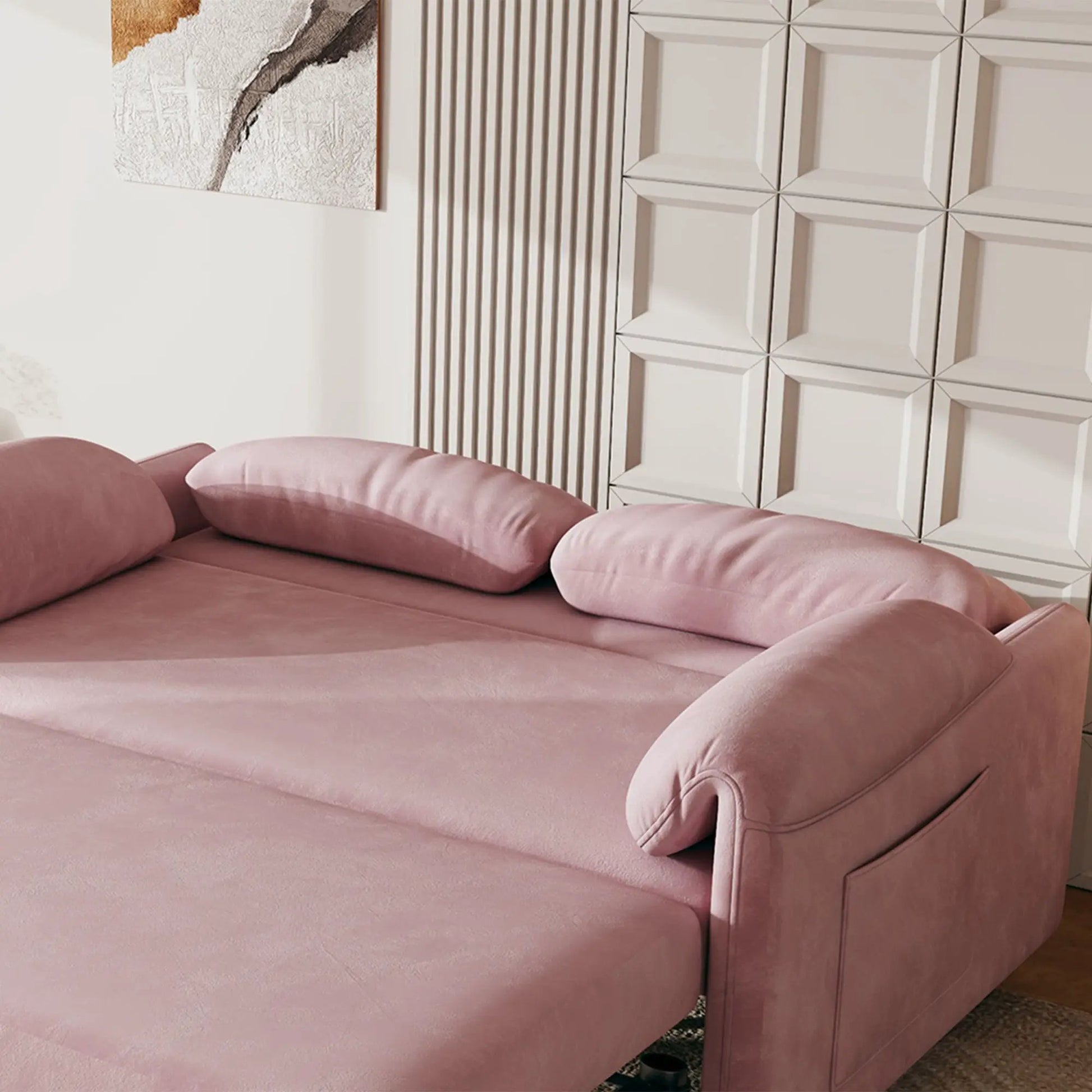 Pink fabric sleeper sofa with cushioned arms and retractable queen bed by Unique Piece Furniture on Tampa Home & Garden Store