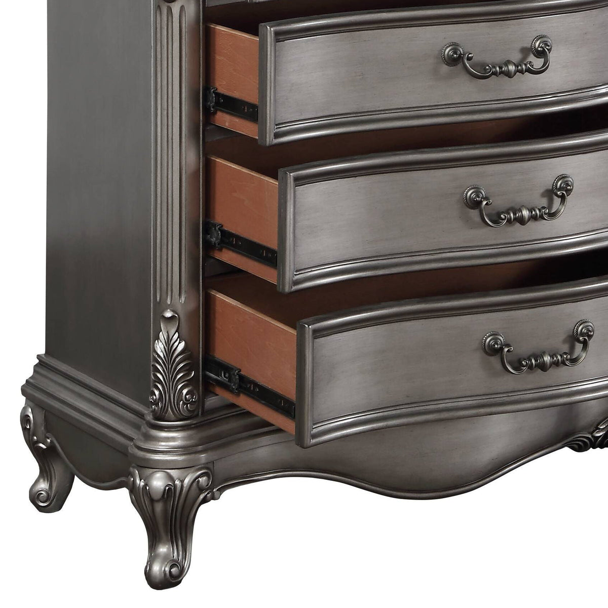 Ariadne Dresser with Full-Extension Drawers - Antique Silver, ornate handles, carved feet on Tampa Home & Garden Store
